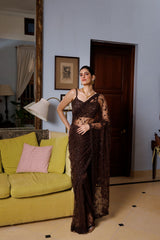 Brown Net Floral Embroidered Saree Set