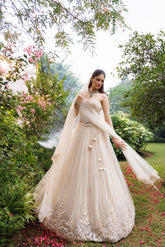 3D Flower Work With Net Embalished Lehnga With Corset Lehnga Dupatta