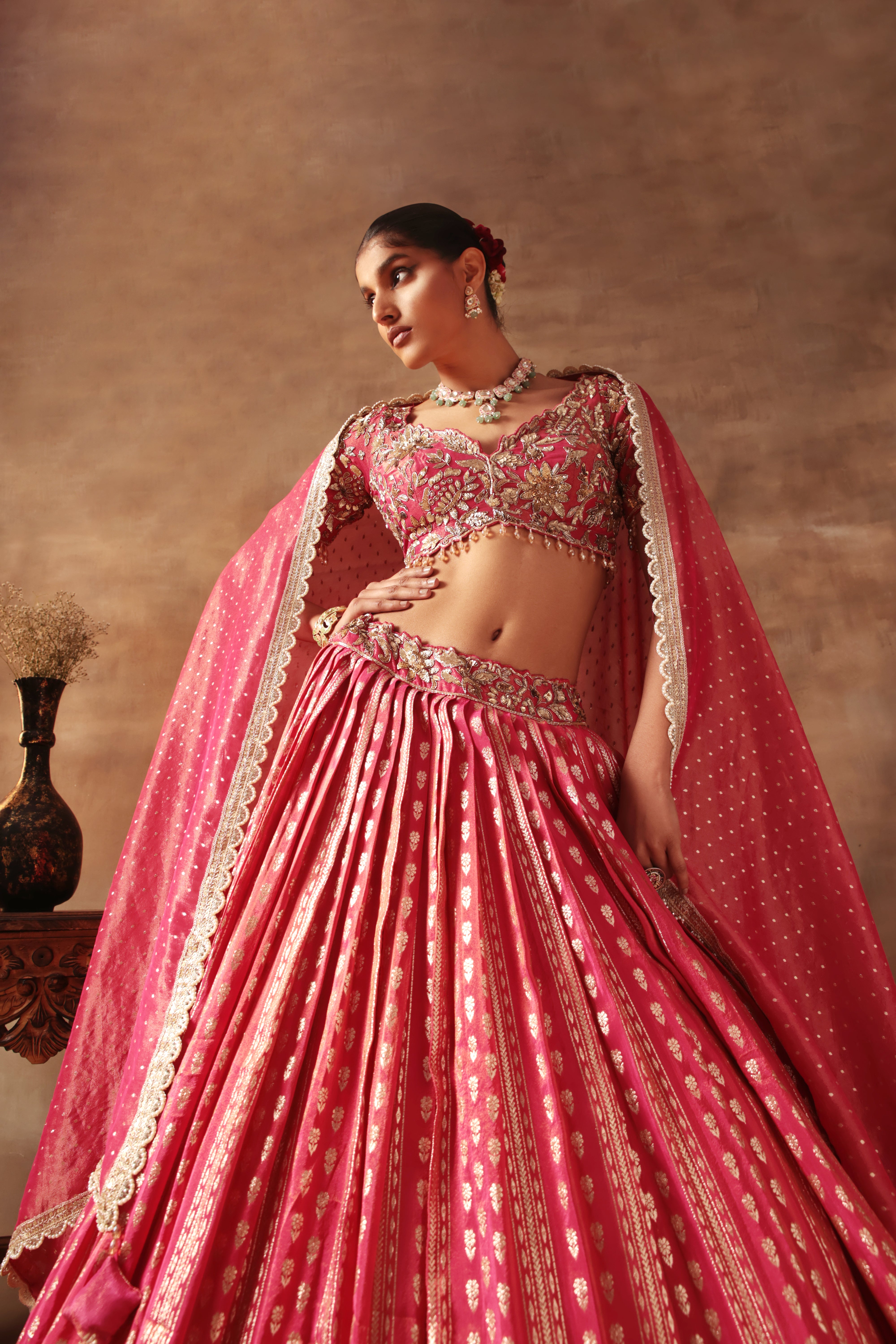Magenta Tissue jacquard Embroidered Lehenga Choli