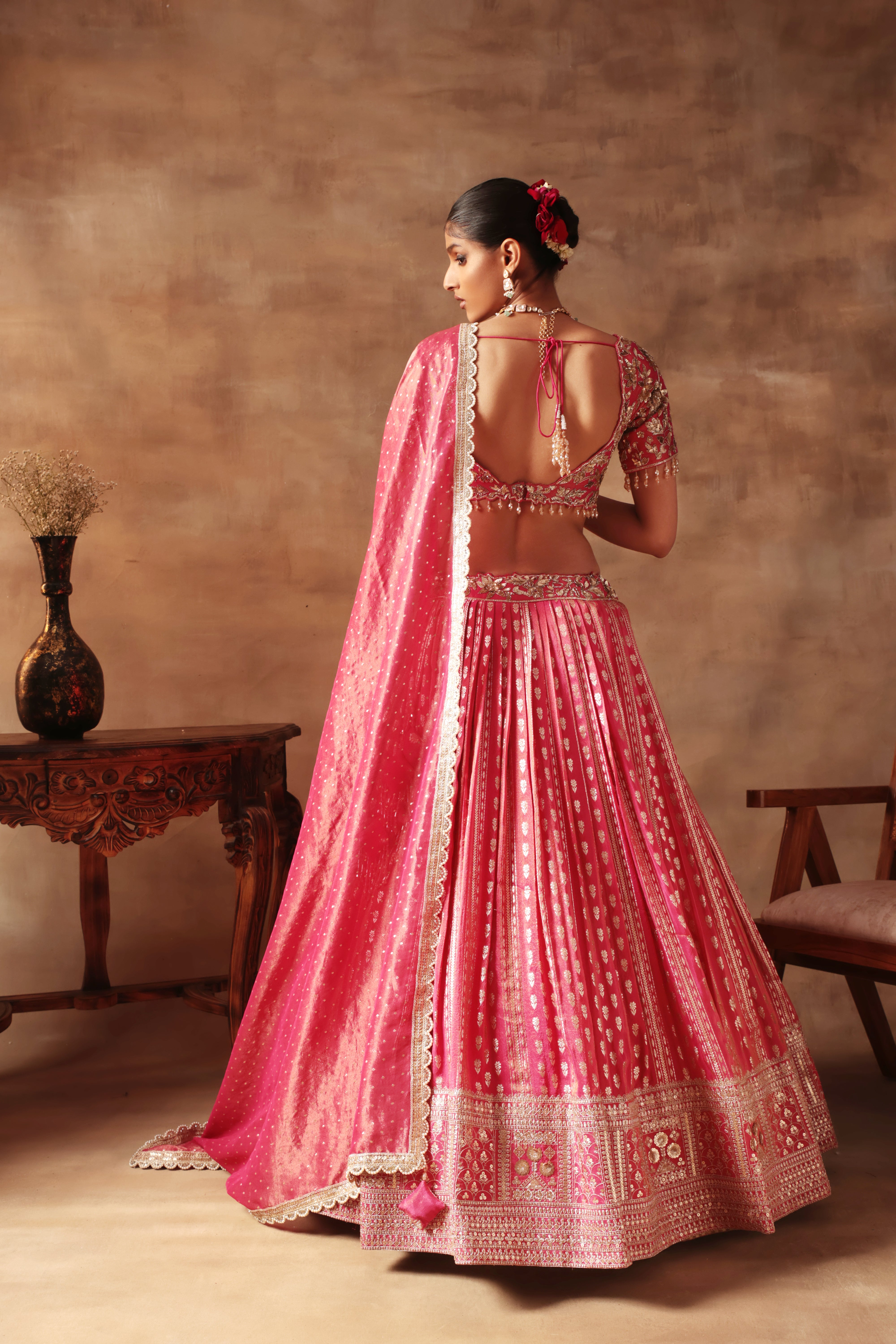 Magenta Tissue jacquard Embroidered Lehenga Choli