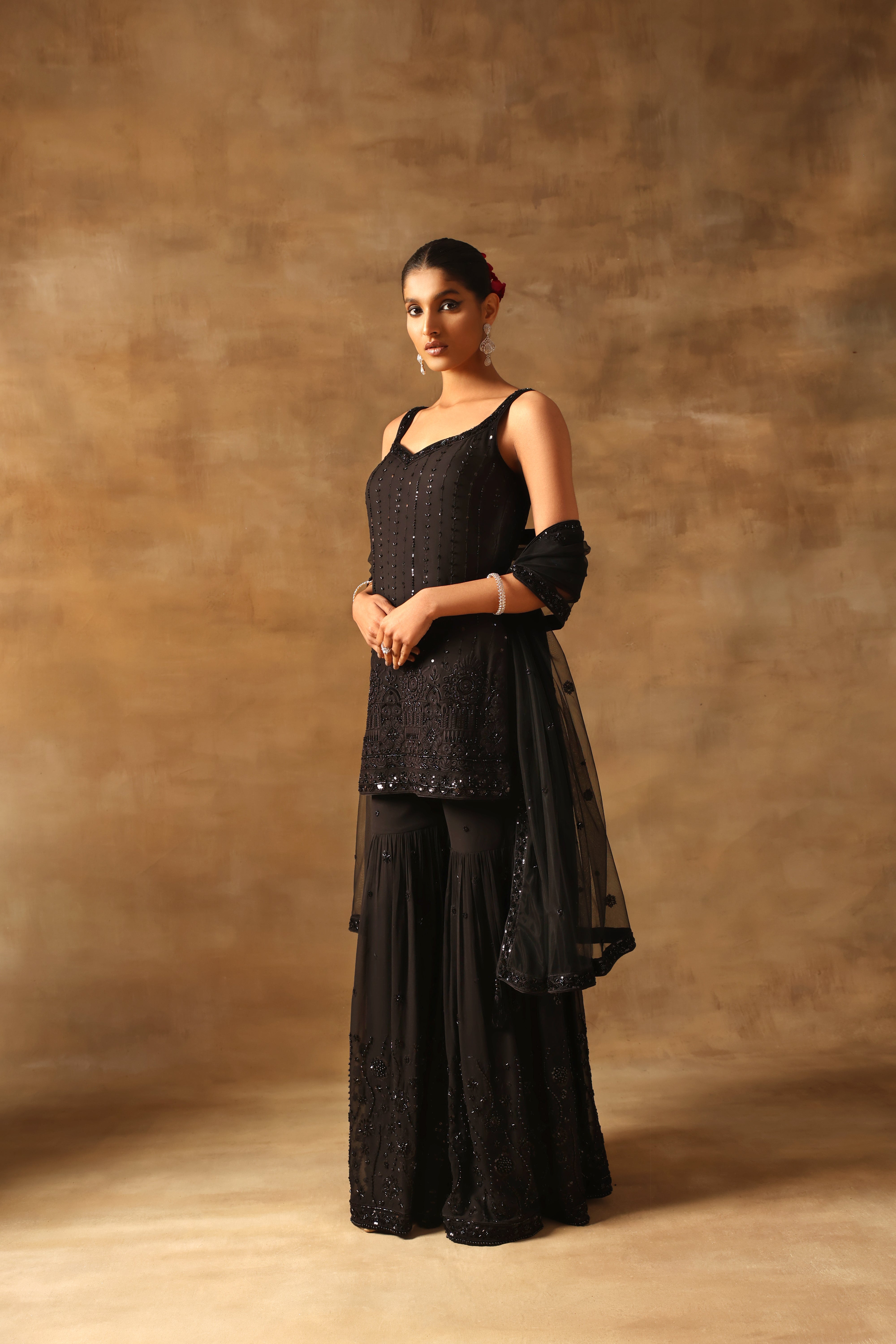 Black Tone On Tone Embroidered Shirt Sharara