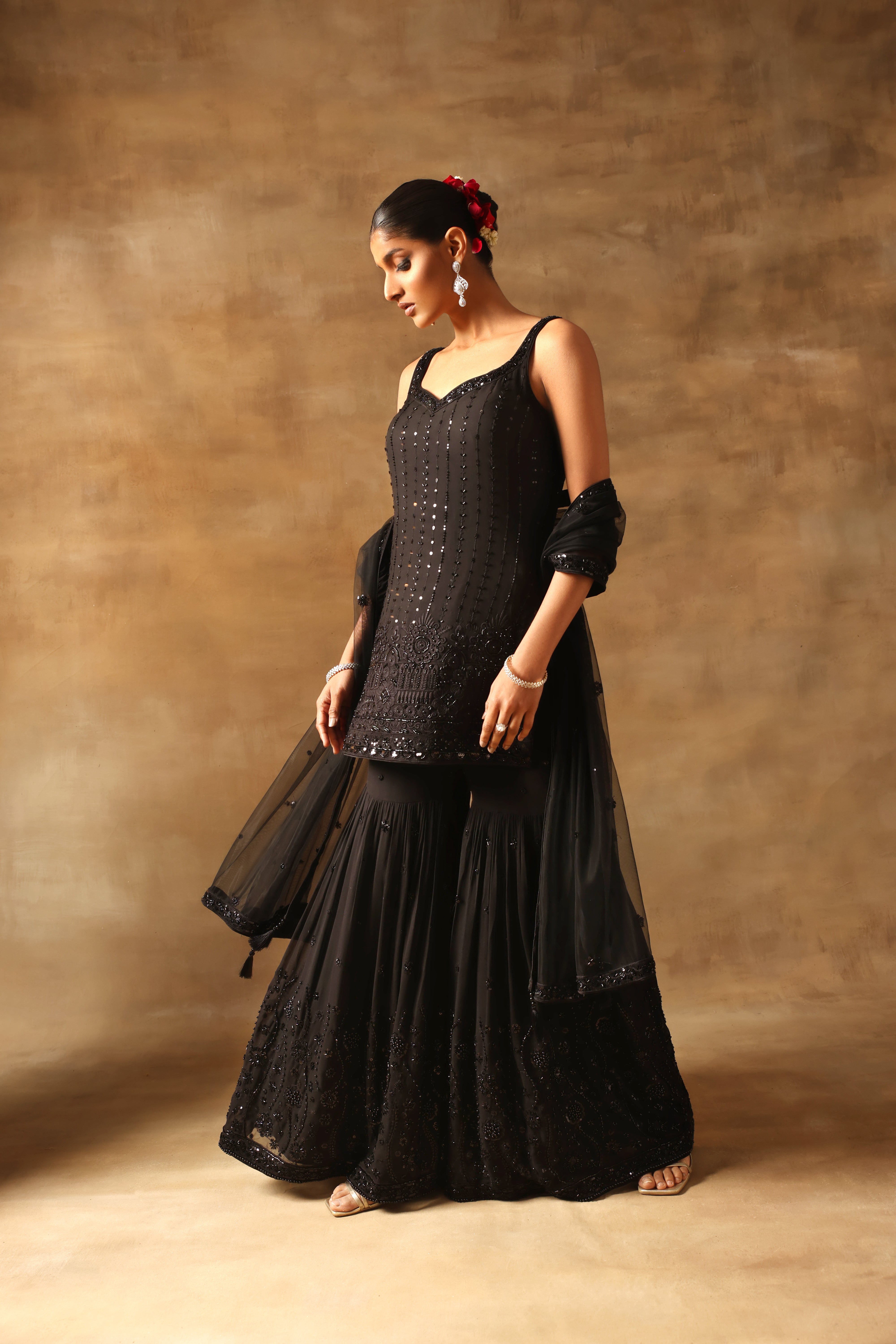 Black Tone On Tone Embroidered Shirt Sharara