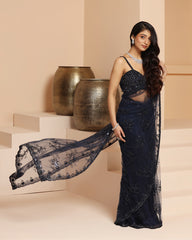 Blue Net Cutdana & Bead Work Saree Set