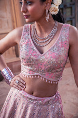 Pink Jacquard Tissue Hand Embellished Lehenga Set