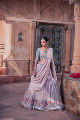 Grey Net & Organza Hand Embellished Lehenga Set