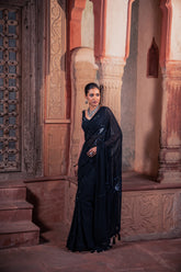 Black Net, Viscose, Georgette Sequins, Beads Embellished Saree And Blouse Set