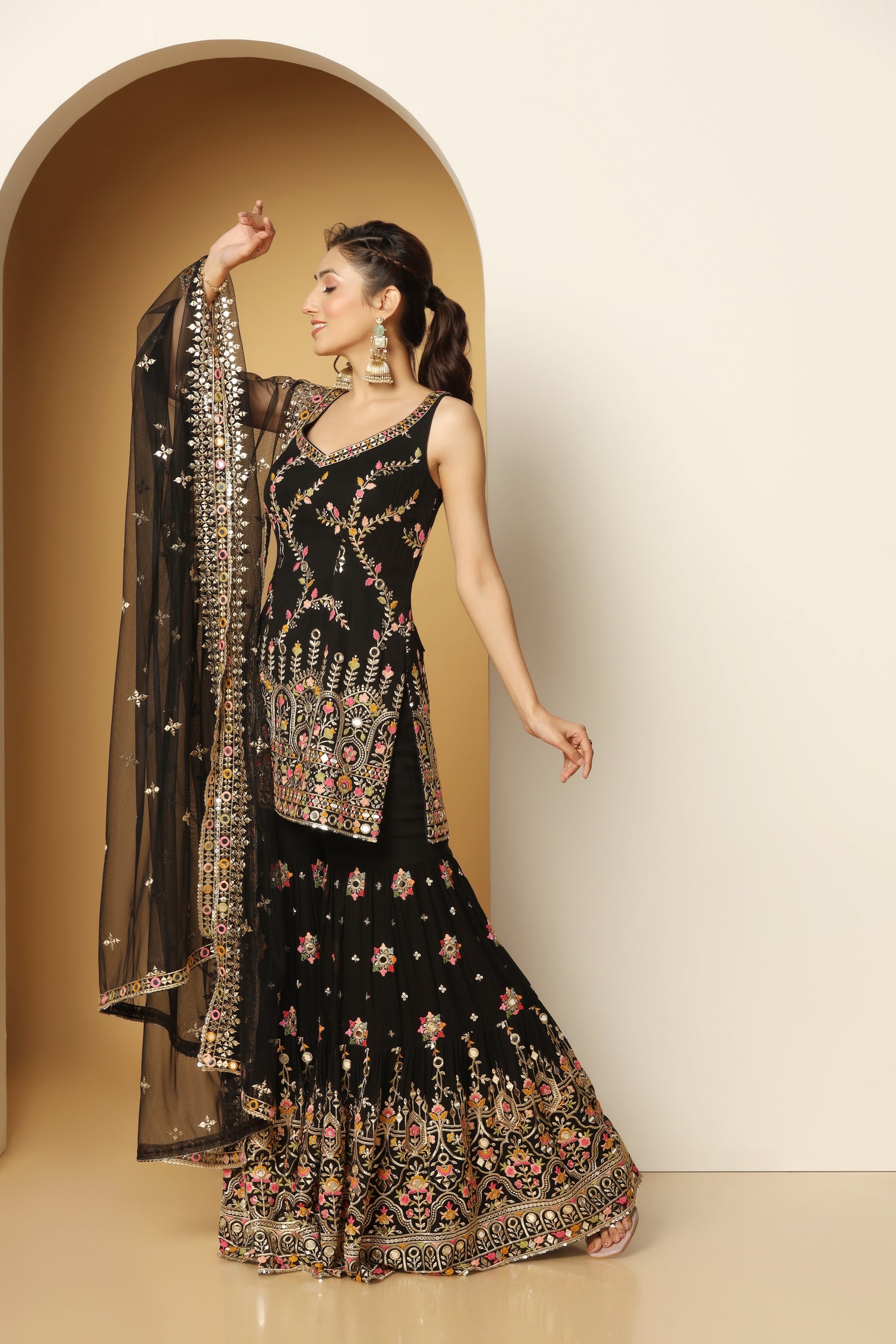 Ivory Embroidered Sharara Suit with Foil and Thread Work