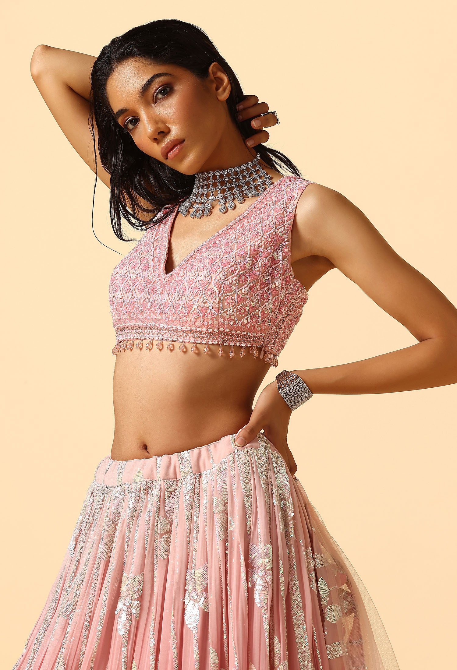 Rose Pink Ombre Lehenga with Tone to Tone Sequence Blouse