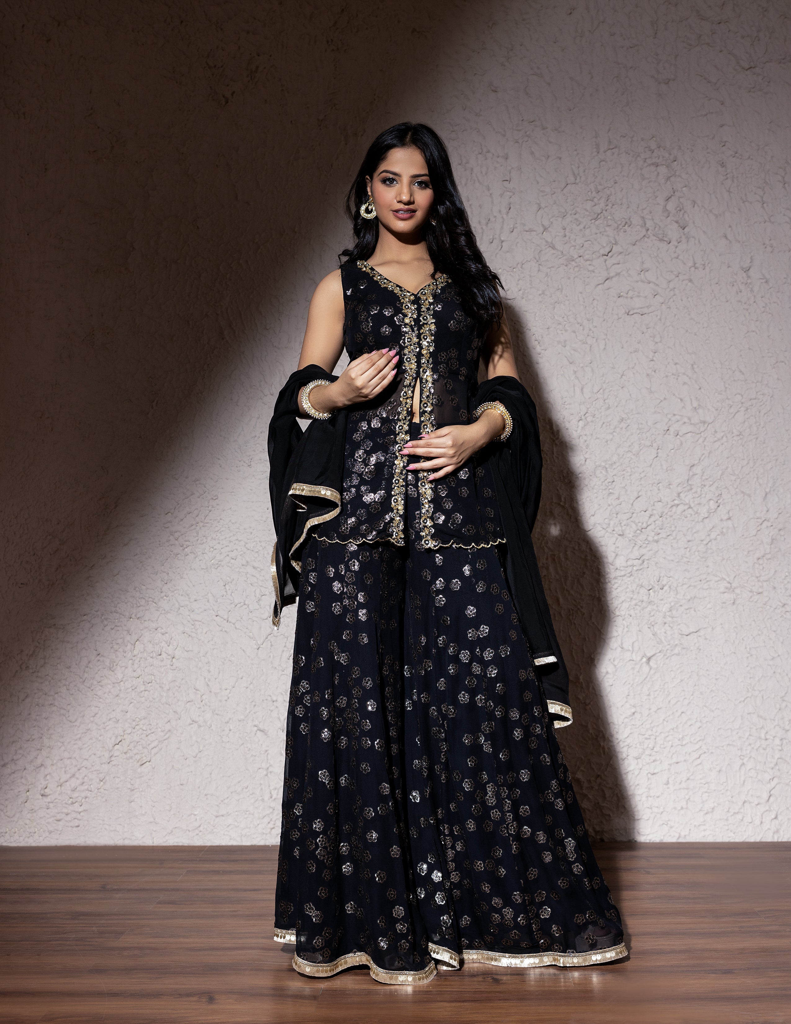 Color Patch & Dori Sequin Suit Set with Net Dupatta – Ethnic Wear