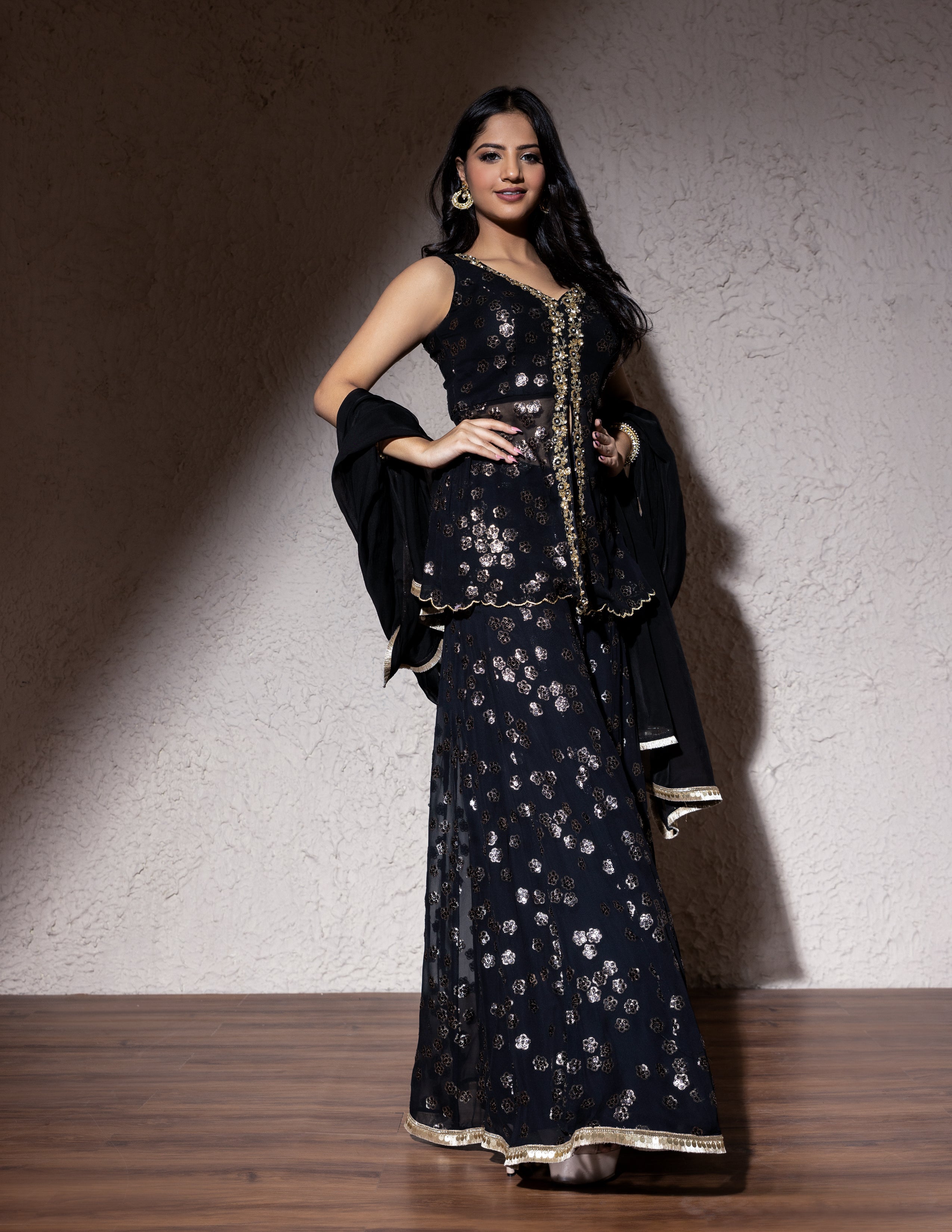 Color Patch & Dori Sequin Suit Set with Net Dupatta – Ethnic Wear