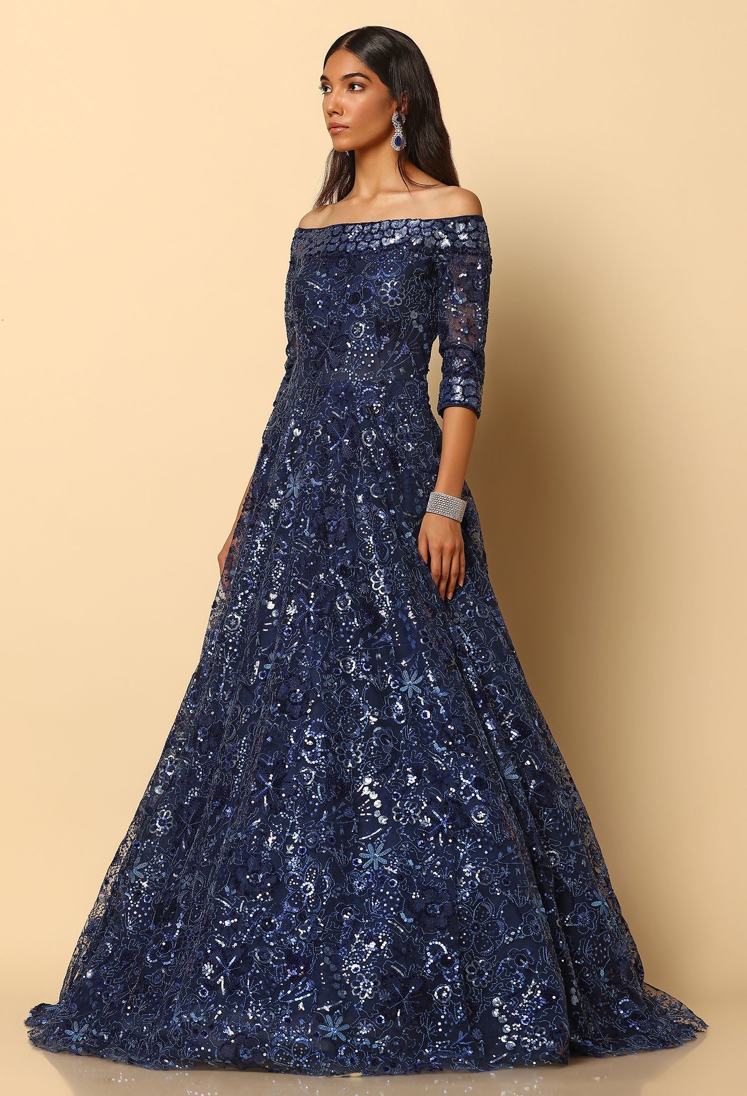 Navy Blue Embroidered Bardot Gown for Evening & Formal Wear