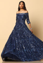 Navy Blue Embroidered Bardot Gown for Evening & Formal Wear