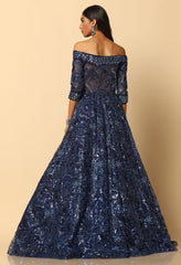 Navy Blue Embroidered Bardot Gown for Evening & Formal Wear