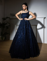 Midnight Blue Net Sequins Embroidered Gown for Evening & Party Wear