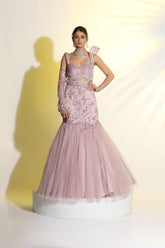 Embroidered gather lehenga with one side sleeve