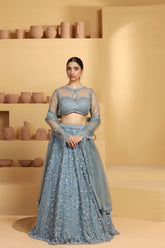Net Flower motif kalidar Lehenga with geomatric choli