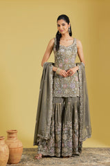 Mouse-Colored Tissue Embroidered Gharara Set