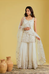 Ivory Net & Georgette Embroidered Sharara Set