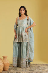 Ice Blue Tissue Embellished Gharara Set