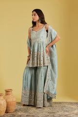 Ice Blue Tissue Embellished Gharara Set