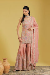 Peach Tissue Embroidered Gharara Set