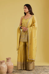 Mustard Tissue Embroidered Gharara Set