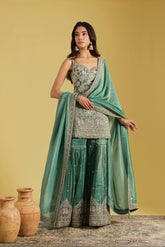 Green Tissue Embroidered Gharara Set