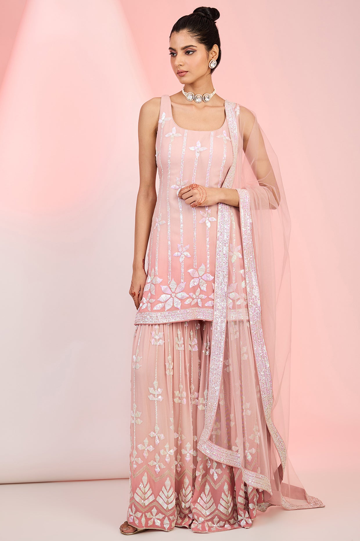 Designer Peach Pink Ombre Sharara Set with Sequins Embroidery