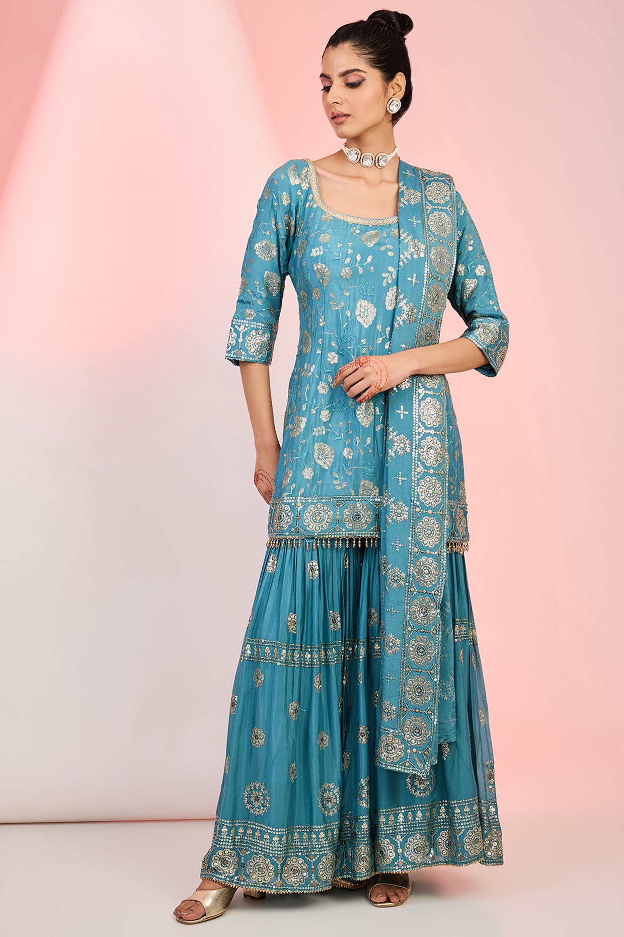 Flower Jaal Embroidered Kurta Sharara Set – Ethnic Festive Wear
