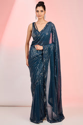 Dark Blue Georgette Sequins & Cutdana Hand Embroidered Saree