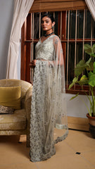 Pista Green Net Floral Embroidered Saree Set