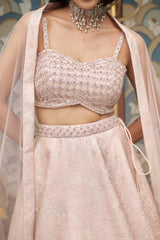 Pink Net Sweetheart Neck Embellished And Woven Lehenga Set