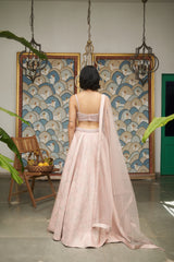 Pink Net Sweetheart Neck Embellished And Woven Lehenga Set