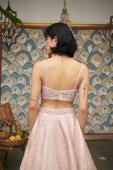 Pink Net Sweetheart Neck Embellished And Woven Lehenga Set