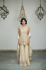 A Yellow tissue with sequin, bead, resham & moti nature inspired embellishments.