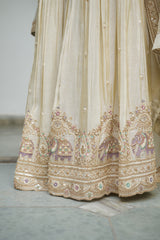 A Yellow tissue with sequin, bead, resham & moti nature inspired embellishments.