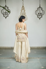 A Yellow tissue with sequin, bead, resham & moti nature inspired embellishments.
