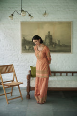Rusty silk gharara set with sequin, zari & beadwork.