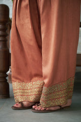 Rusty silk gharara set with sequin, zari & beadwork.