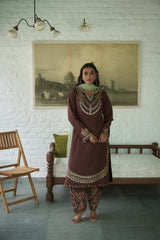 Brown Silk Net V-neck Embroidered Kurta Salwar Set