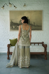 Grey Tissue V-neck, Yes Embroidered Kurta Gharara Set