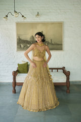 Gold Net Scoop Neck Geometric Embroidered Lehenga Set