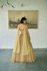 Gold Net Scoop Neck Geometric Embroidered Lehenga Set