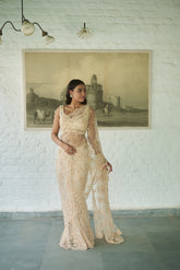 Ivory Net Sweetheart Neck Embellished Saree With Choli