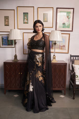 Black Jacquard, Net Sweetheart Neck Embroidered Lehenga Set
