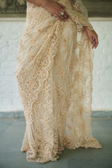 Ivory Net Sweetheart Neck Embellished Saree With Choli