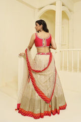 Magenta and orange embroided Tissue lehenga