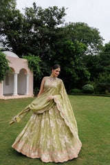 Bright Green Tissue Floral Embroidered Lehenga Set