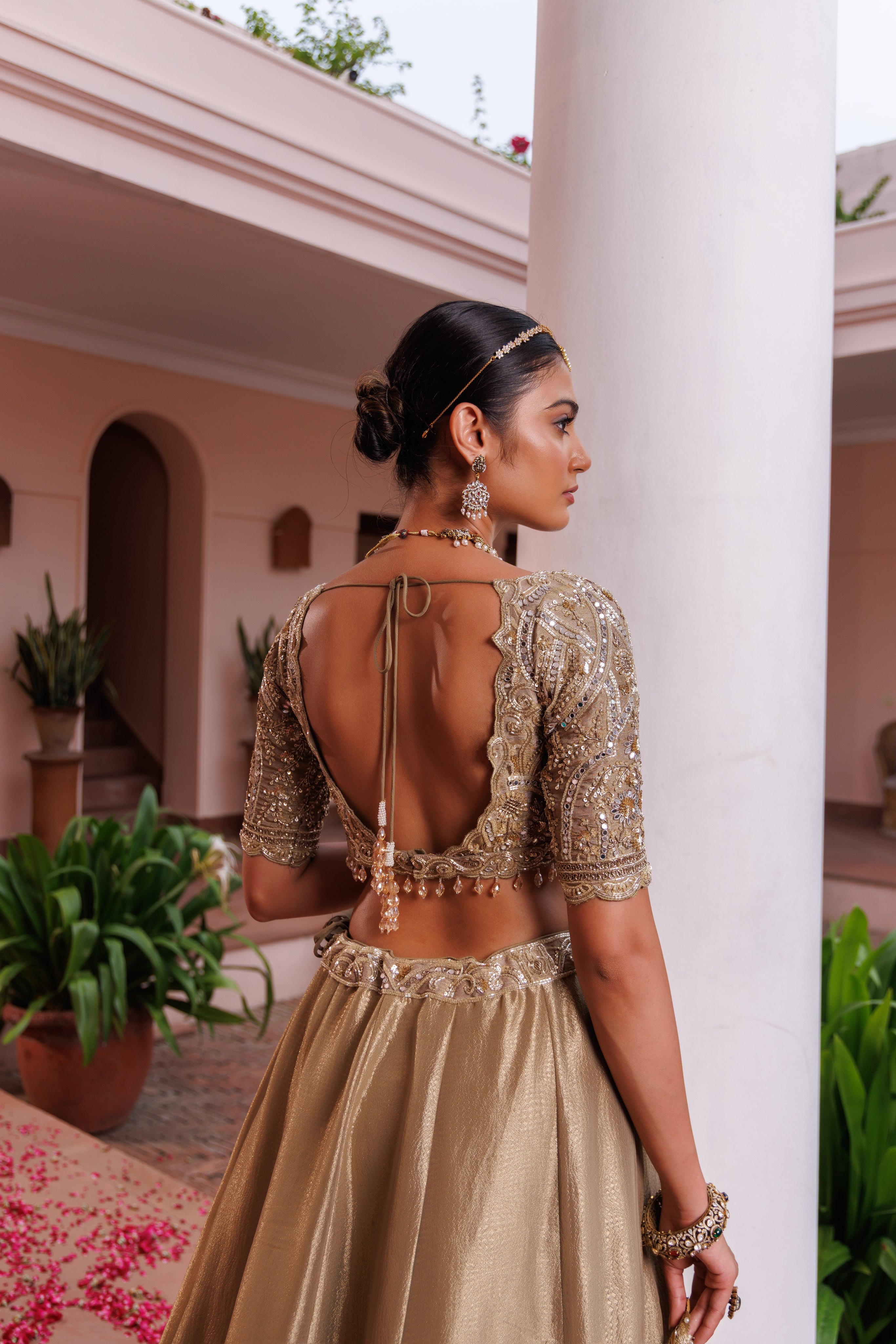 Sage Green Tissue Mirror Embroidered Lehenga Set