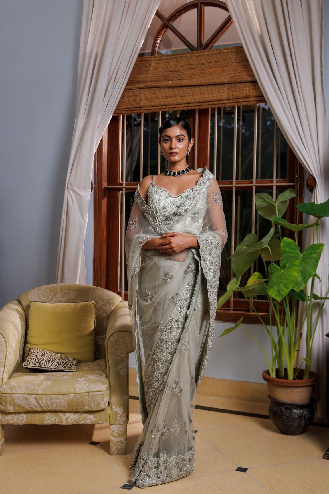 Pista Green Net Floral Embroidered Saree Set